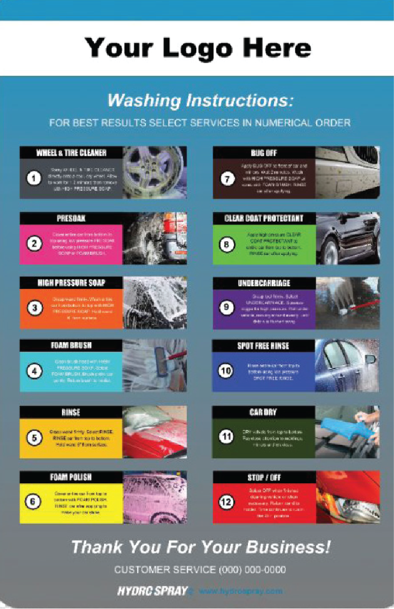 Twelve position self-serve car wash instruction sign listing wash applications in order.
